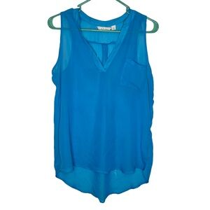 3/$20 Curfew Bright Blue Sleeveless V-Neck Pocket Sheer Blouse